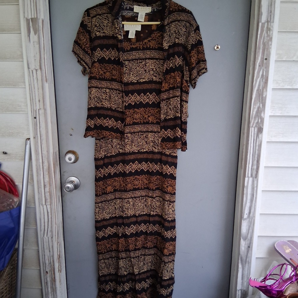 Norton McNaughton Vintage 90s Paisley Maxi Dress & Cardigan Set Brown Black M/S